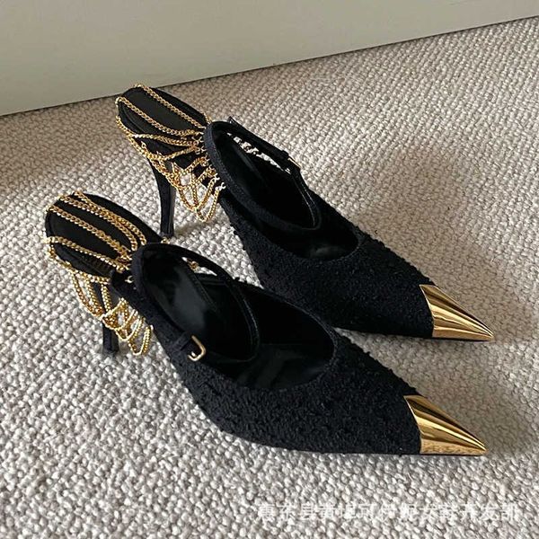 

high heels black winter new pointed metal chain sandals female a word buckle with fine single shoes 221222