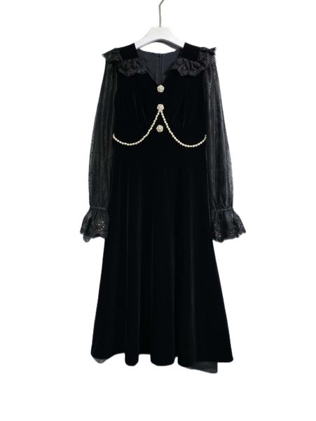 

2022 autumn new vintage style collar lace long sleeve dress, Black;gray