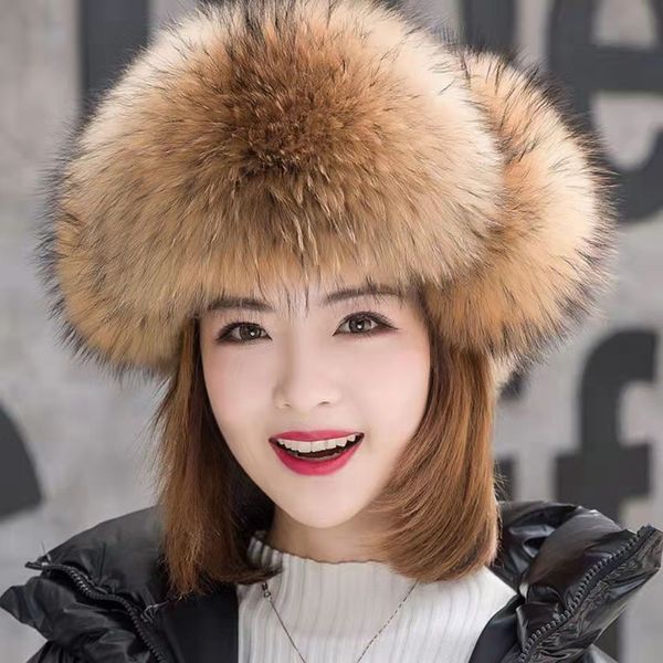

women real raccoon fur sheepskin trapper hat winter warm earflap ski cap, Blue;gray