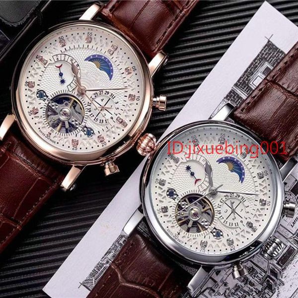 

18ct fashion men watch day date diamond dial swiss tourbillon mechanical automatic wristwatches men steel watches relogio masculin221l, Slivery;brown