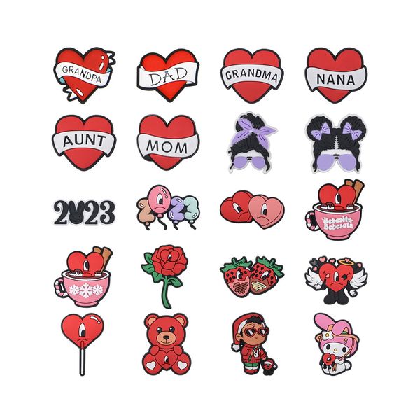 

red heart grandma grandpa aunt mom dad shoe charms bad bunny pvc croc decoration charms 2023, White;pink