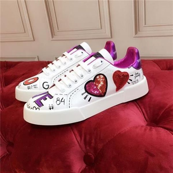 

shoes perfect nice men portofins graffiti leather sneakers calfskin crown embroidery flower studs beads couple skateboard eu35-46 original