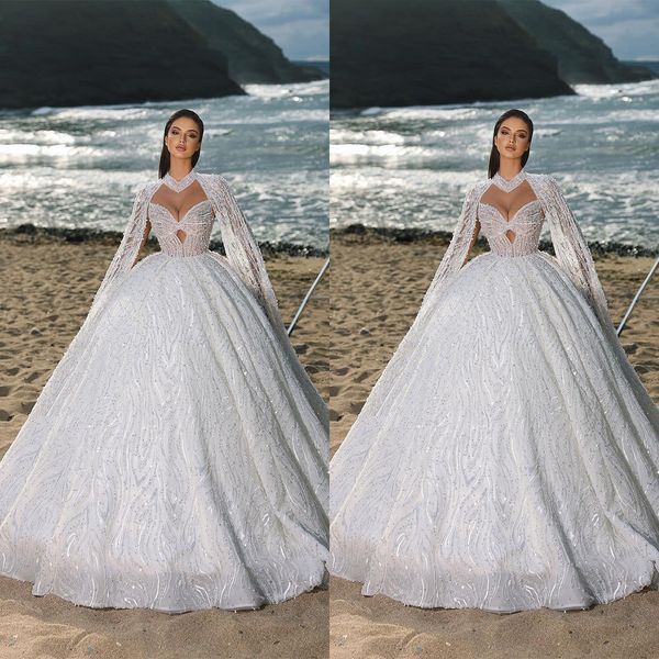 

haute couture princess wedding dress sparkly wraps long sleeve bridal ball gowns sequins beads custom made robes, White