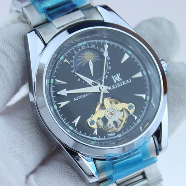 

new fashion watch men's mechanical movement super waterproof big flywheel stainless steel leisure business watch, Slivery;brown