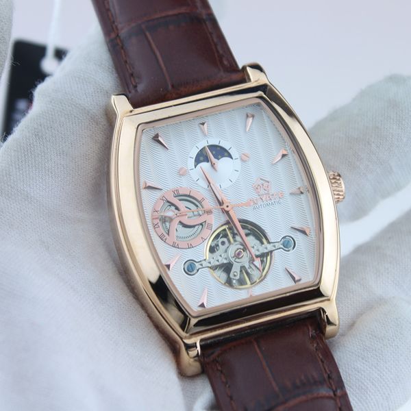 

mens watch leather business men's fashion watch wine barrel fully automatic mechanical watch hollow tourbillon, Slivery;golden