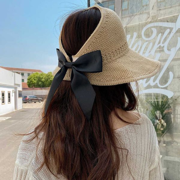 

beanie/skull caps summer wide brim straw hat women empty ribbon bowknot sun hats female elegant foldable soft outdoor travel beach tour caps, Blue;gray