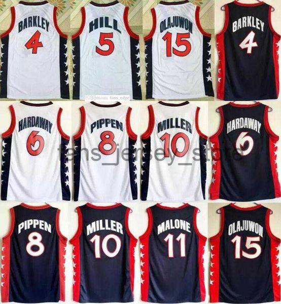 

stitched retro 1996 team basketball jerseys 15 hakeem olajuwon 6 penny hardaway 4 charles barkley 10 reggie miller 8 scottie pippen 5 grant, Black