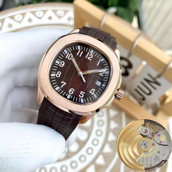 

automatic watch men man watchs brown face oro rosa rubber band strap mens wristwatchs 40mm peta philipe aquanaut perfect movement elegant sp, Slivery;brown