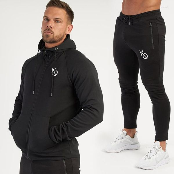 

men's tracksuits men's cotton embroidered sports suit jogger outdoor running hooded zipper jacket casual two piece set, Gray
