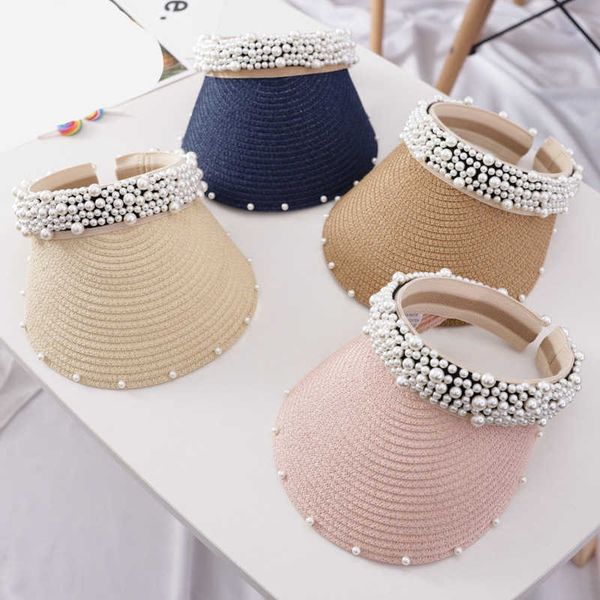 

beanie/skull caps luxury 2019 new women pearl headband hat visor caps for girls beach hats braided fashion cap lady summer straw sun hat t22, Blue;gray