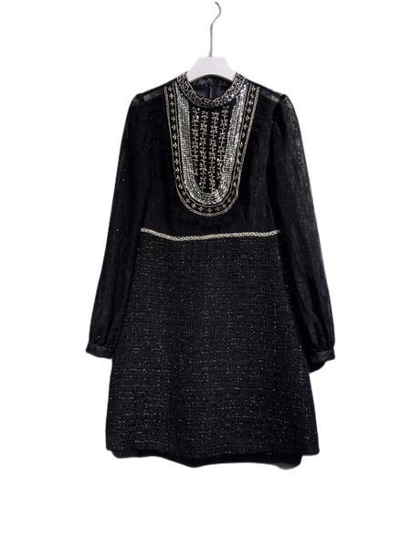 

2022 autumn latest black stand neck studded long sleeve dress, Black;gray