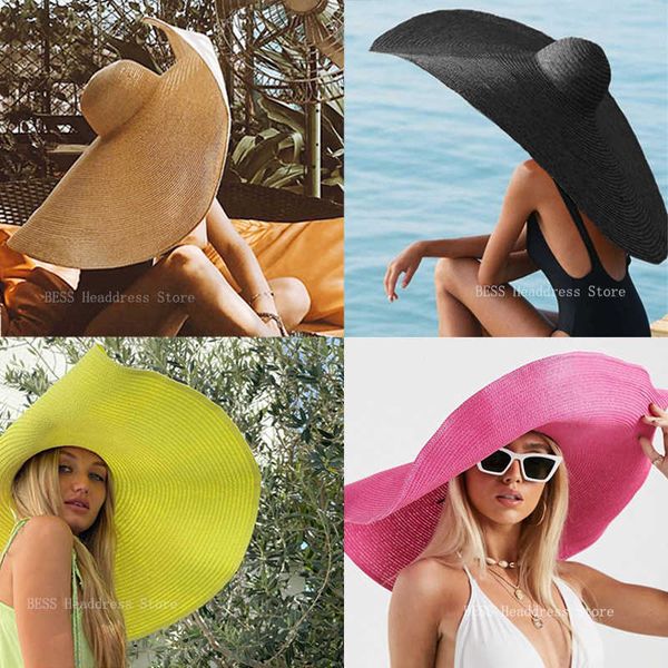 

beanie/skull caps foldable women oversized hat 70cm diameter large brim summer sun beach hats forwomen large straw hat uv protection hat who, Blue;gray