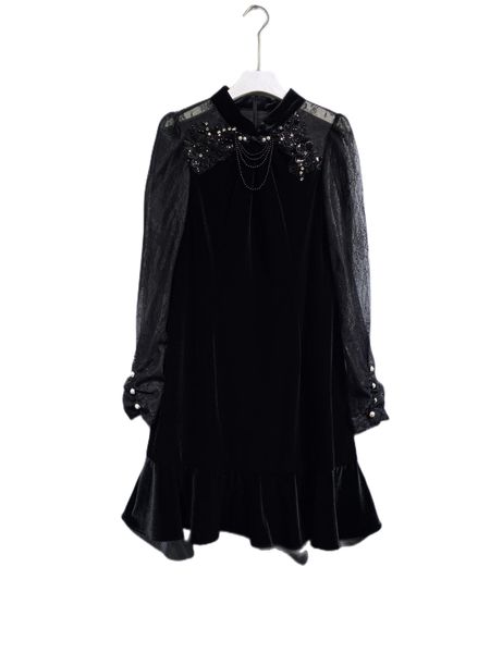 

2022 autumn new black simple and elegant mesh long sleeve velvet dress, Black;gray