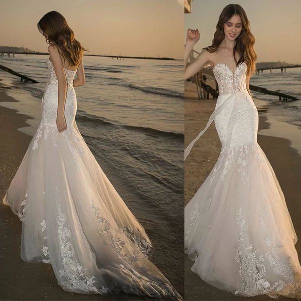 

beach lovely wedding dress appliques bow belt elegant bride gown deep strapless mermaid vestido de noiva for woman, White