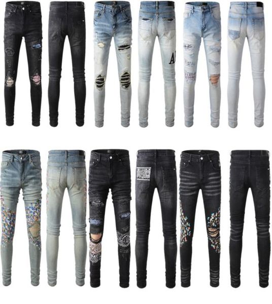 

mens new designer jeans distressed ripped biker slim fit motorcycle bikers denim for men fashion mans pants3116394, Blue