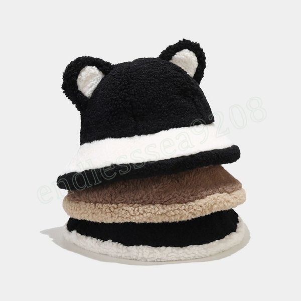 

women solid color cute bear ears bucket hat soft plush thicken outdoor ear protection for warmth hat female hats, Blue;gray