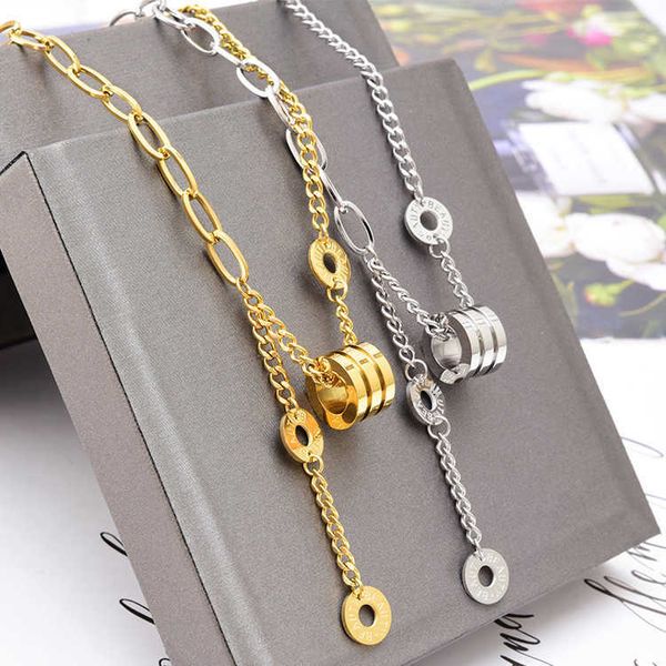 

short sweater t-shirt necklace roman round waist pendant o-word ab hybrid chain hip-hop style titanium steel jewelry, Silver
