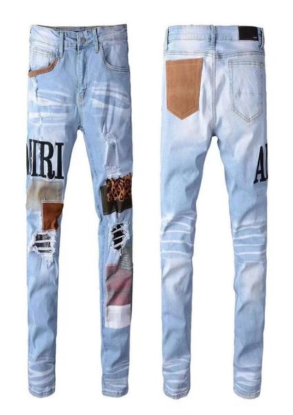 

2022 mens jeans distressed motorcycle biker jean rock skinny slim ripped hole letter designer pants brand 9 colors den7446479, Blue