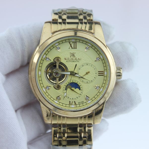 

mens watch men's watch luxury frosted diamond dial hollow tourbillon lunar phase stainless steel luminous watches, Slivery;golden