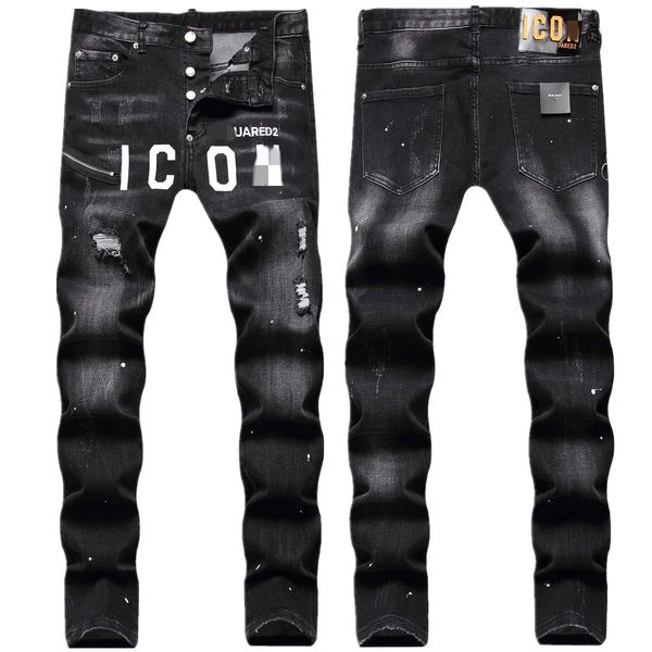 

men's jeans broken hole and disordered thread patch zipper decoration digital color printing black slim stretch jeans button placket mo, Blue