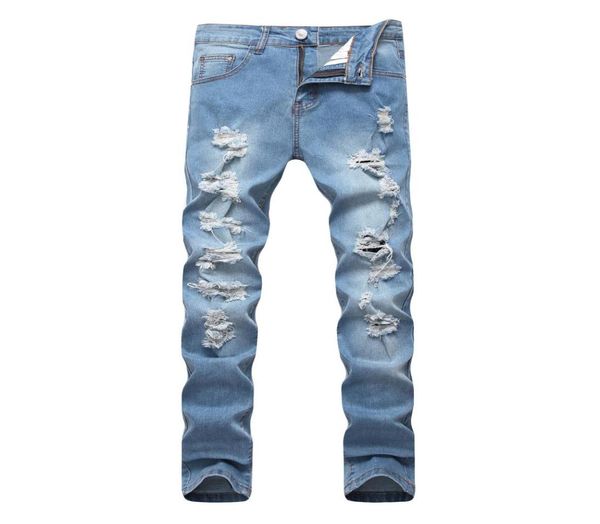 

spring men ripped jeans slim fit sky blue multiple hole denim hip hop casual male destroyed trousers button pants5251521