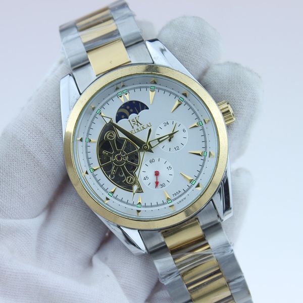 

men's new fashion watch fully automatic mechanical tourbillon business watch night and day stars glow-in-the-dark double hollow, Slivery;golden