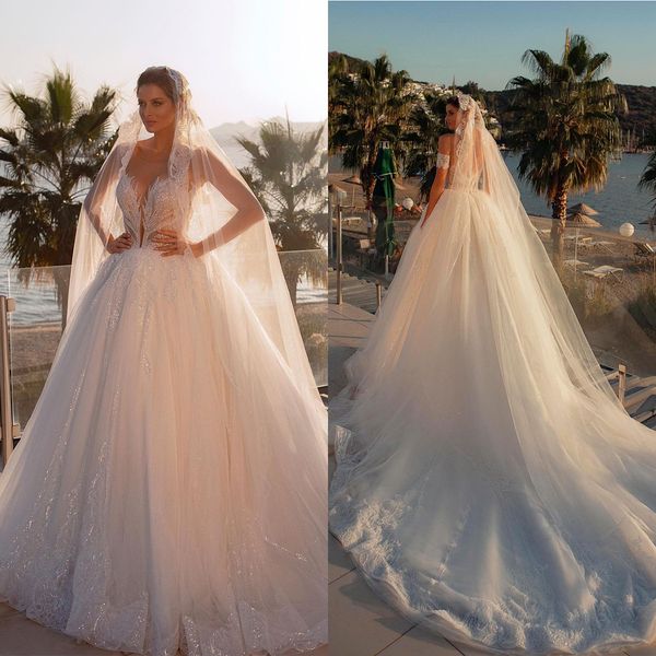 

princess ball gown wedding dresses appliques v neck sleeveless sparkly sequins beads lace ruffles celebrity backless floor length luxury bri, White