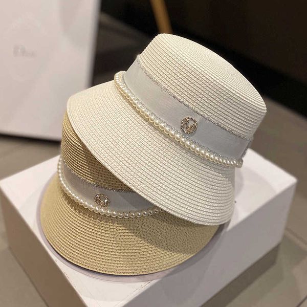 

beanie/skull caps new women wide brim sun hats summer elegant pearl bucket hat retro flat hepburn straw hat foldable holiday beach boater ha, Blue;gray