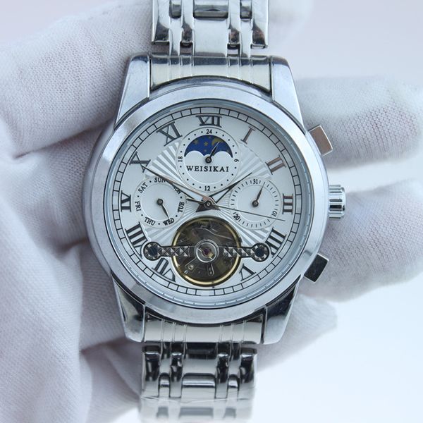 

watch fashion luxury tourbillon automatic mechanical waterproof glow-in-the-dark lunar phase steel band watch for men, Slivery;golden