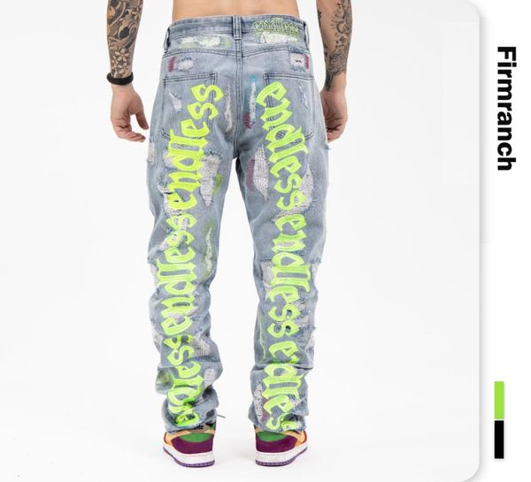 

firmranch back letter embroidery jeans for men ins street broken hole homme loose endless denim pants moto trouse5580021, Blue