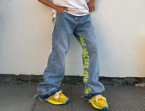 

men039s jeans high street retro embroidery flare pants mens and womens oversize ripped washed straight loose casual denim trous5590193, Blue