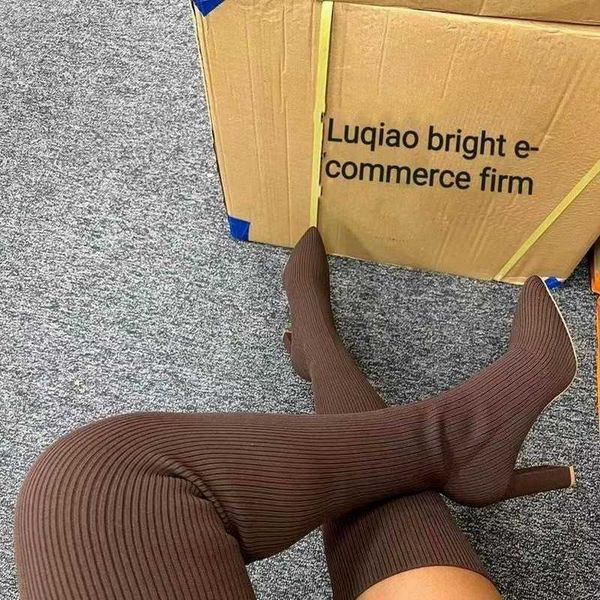 

boots woman knee high winter new thigh knitted elastic socks shoe warm and stilettos heels pointed overknee long 221213, Black