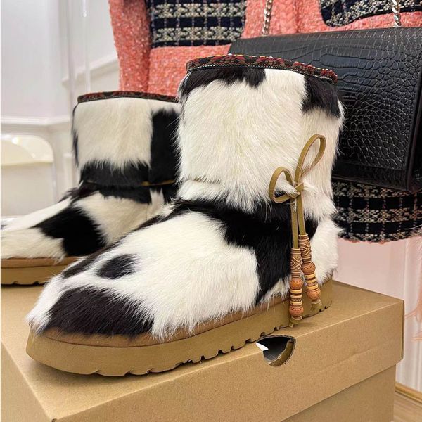 

2022 designer women luxury horse hair snow boots winter 100% leather fluffy furry beaded decoration casual shoes lady round head thick botto, Black