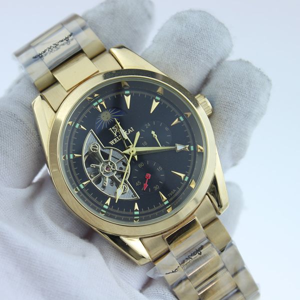 

male watch swiss machinery fully automatic steel belt sun moon stars tourbillon glow-in-the-dark waterproof mechanical watch, Slivery;golden