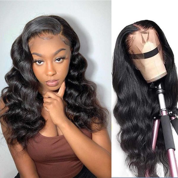 

fashion lace wigs hd transparent wavy frontal wig human hair pre plucked 13x4 brazilian body wave front with baby 180% density 221212, Black;brown