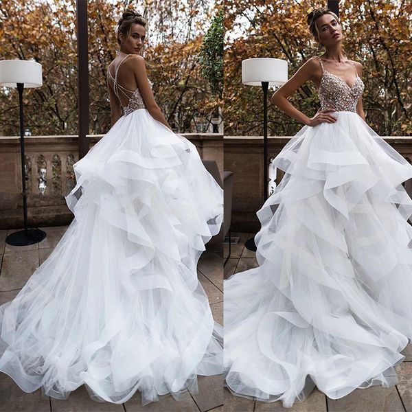 

2022 wedding dress spaghetti straps sparkling beading rhinestones tulle a line bridal gowns cascading ruffles, White