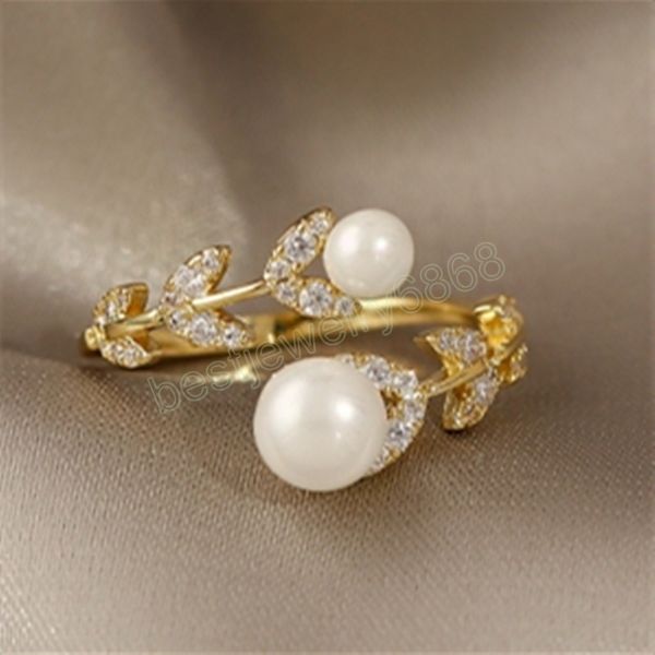 

korean crystal leaf pearl ring for women girl luxury creative opening rings fashion jewelry party girls unusual rings gifts, Silver