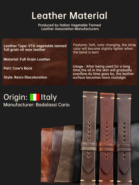 

watch bands maikes handmade watchband butterfly buckle vegetable tanned cow leather made in italy quick release bracelet band watch strap t2, Black;brown
