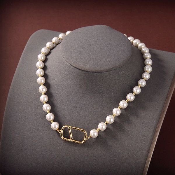 

sweet simplicity lady brass pearls necklaces & pendants geometry design initial v litter pearl decorate women chain necklace jewelry van1 --, Silver