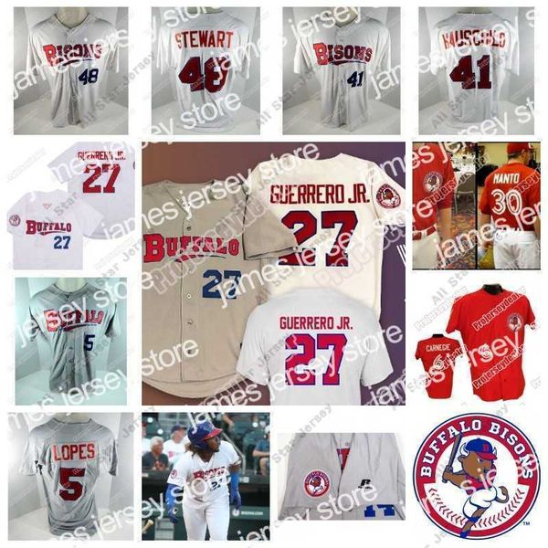 

baseball jerseys baseball jerseys buffalo bisons 27 vladimir guerrero jr. 5 timmy lopes 41 mike hauschild 48 zach stewart 14 luis santos 33, Blue;black