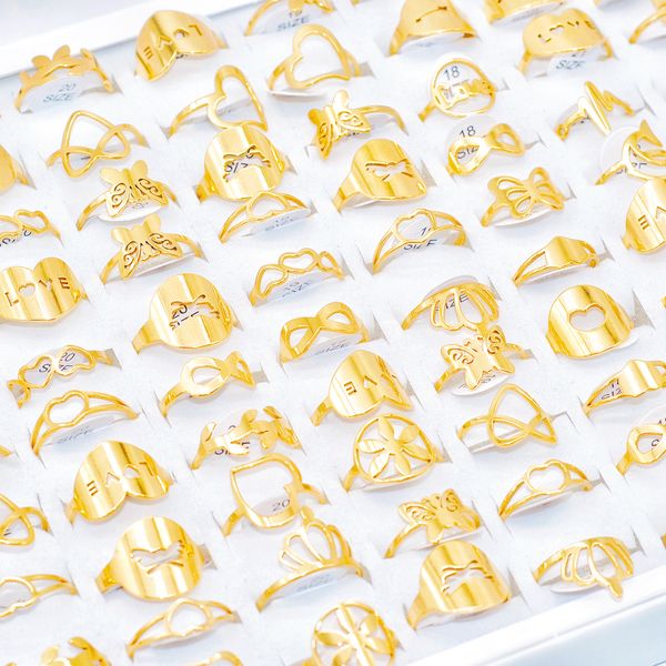 

wholesale 50/100pcs mixed style fashion rings for women gold plated stainless steel heart lover butterfly wedding engagement finger jewelry, Golden;silver