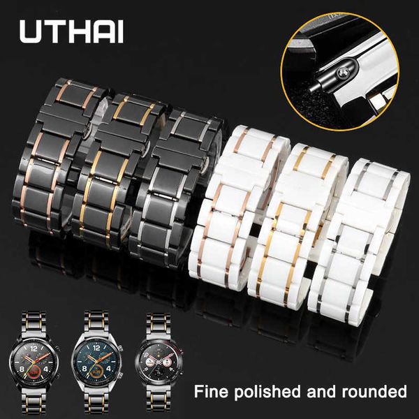 

watch bands five beads ceramic strap stainless steel watch band 20mm 22mm for samsung s3 46/huawei gt uthai c09 t221213, Black;brown