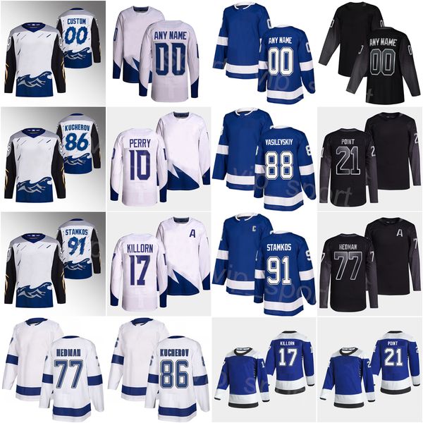 

2023 reverse retro hockey 77 victor hedman jerseys 86 nikita kucherov 88 andrei vasilevskiy 17 alex killorn corey perry brayden point steven, Black;red