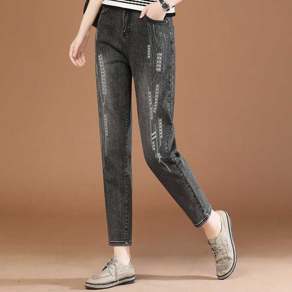 

korean version thin embroidered women's jeans in autumn 2022 loose and versatile casual harun pants pt260, Blue