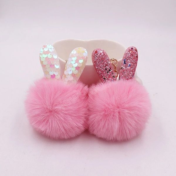 

8cm fake fur lovely fluffy pompom ball keychain sequined rabbit ears design bag car keyring women solid color charms keychain, Silver