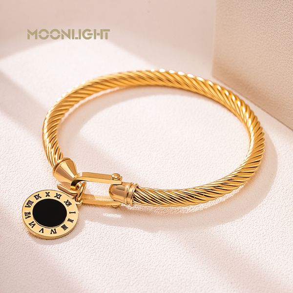 

trendy charm cuff bracelets stainless steel u bangles for women gold color roman numeral pendant bracelet fashion accessories, White