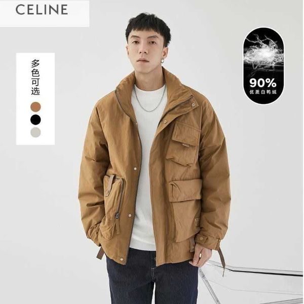 

designer celinn down jacket luxury men's winter lightweight fashion multi pocket collar warm casual down coat warm hoodie loose casual, Black