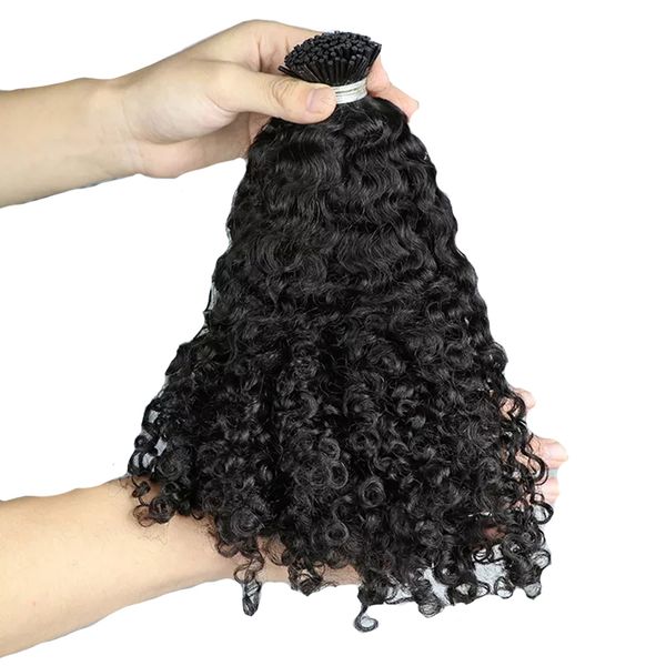 

kinky curly pre-bonded hair extensions i nail tip natural color peruvian remy human hairs 100 strands for black women