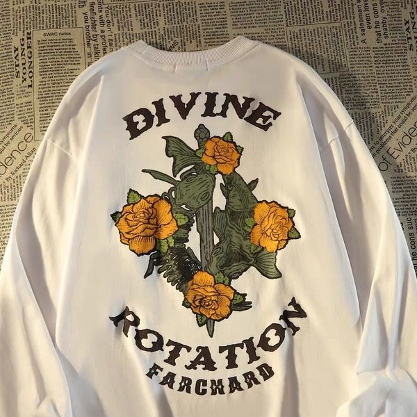 

designer vintage style rose print long sleeve t-shirt men's and women's loose jacket sweatshirt, Black