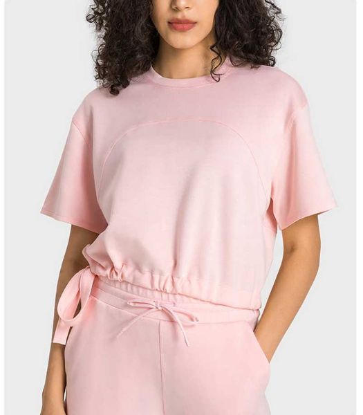 

lu-338 casual women's yoga fashion drawstring waist loose t-shirt fitness running sports short sleeved shirts gyn clothes, White